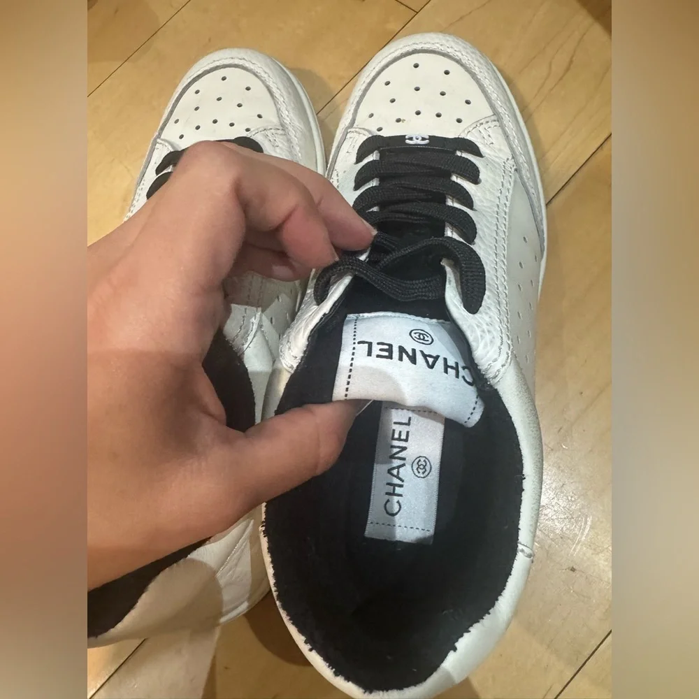 CHANEL White and Black Leather Sneakers